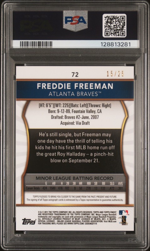 2011 Topps Finest Red Refractor Auto /25 Freddie Freeman RC #72 PSA 8 Braves view 2