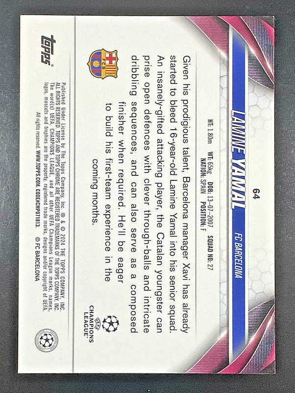 2023-24 Lamine Yamal Topps Chrome UCC #64 FC Barcelona Base Rookie Card (RC) view 2