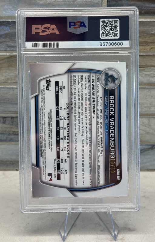 2023 Bowman Draft Brock Vradenburg 1st Gold Shimmer Refractor Auto / PSA 10 view 2