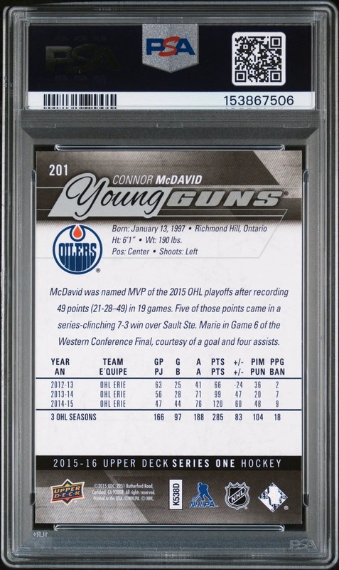 2015-16 Upper Deck Series One Connor McDavid Young Guns RC Rookie #201 PSA 9 view 2