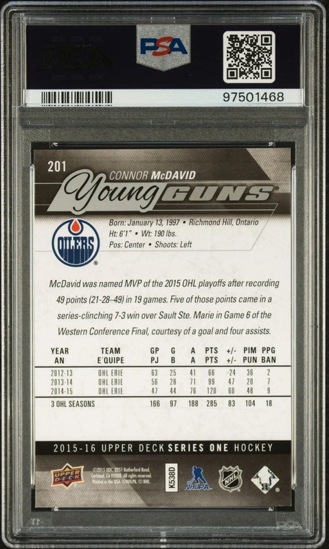 2015-16 Upper Deck Series One Connor McDavid Young Guns Rookie RC PSA 9 view 2