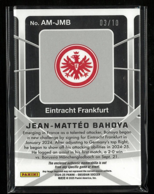 2024-25 Panini Obsidian Atomic Materials Jean-Matteo Bahoya Patch RC Rookie /10 view 2