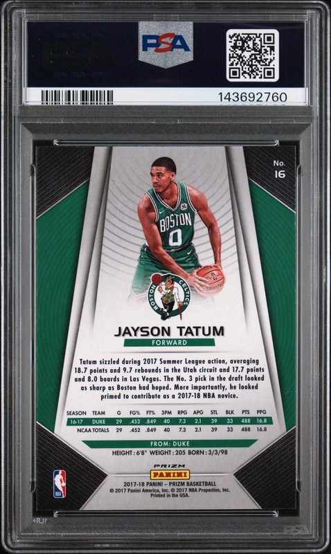 2017 Panini Prizm Jayson Tatum #16 Rookie Silver PSA 10 view 2