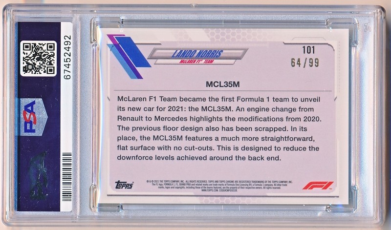 2021 Topps Chrome Sapphire F1 Lando Norris Aqua #101 (64/99) PSA 9 - POP 2 view 2