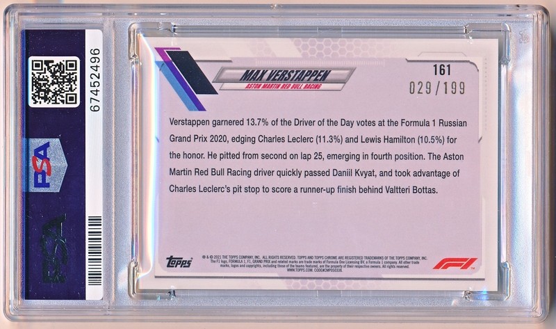 2021 Topps Chrome Sapphire F1 Max Verstappen Chartreuse #161 (029/199) PSA 9 view 2