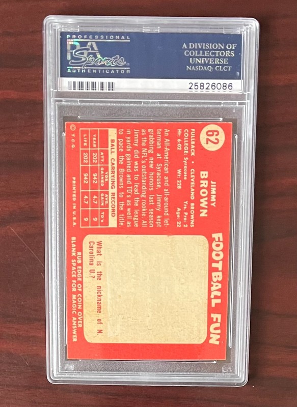1958 Topps - Jim Brown HOF #62 (RC) PSA 6 EX-MT "NICELY CENTERED and EYE APPEAL! view 2