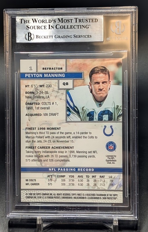 1999 Finest #1 Peyton Manning Refractor BGS 9 view 2