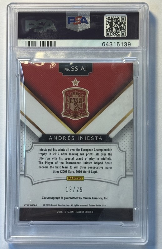2015 PANINI Select Andres Iniesta Auto Autograph PSA 9/10 PRIZM BLUE 19/25 view 2