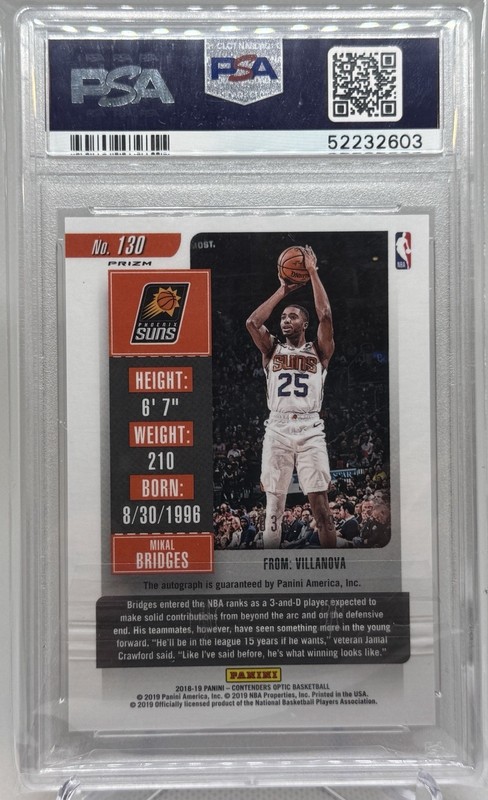 2018 Mikal Bridges ROOKIE AUTO Contenders Red /149 KNICKS NBA FINALS! PSA 9 RC view 2