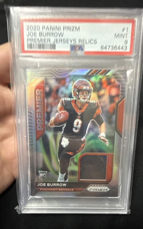 2020 Panini Prizm - Premier Jerseys Joe Burrow #1 (MEM, RC) PSA 9 Mint