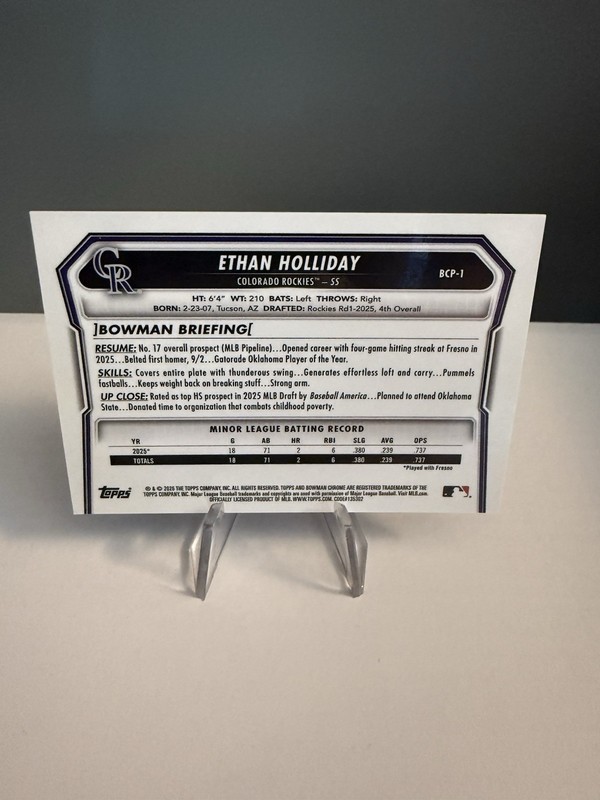 Topps 2026 Bowman Chrome Ethan Holliday Orange Shimmer 1st Bowman BCP-1 /25 view 2