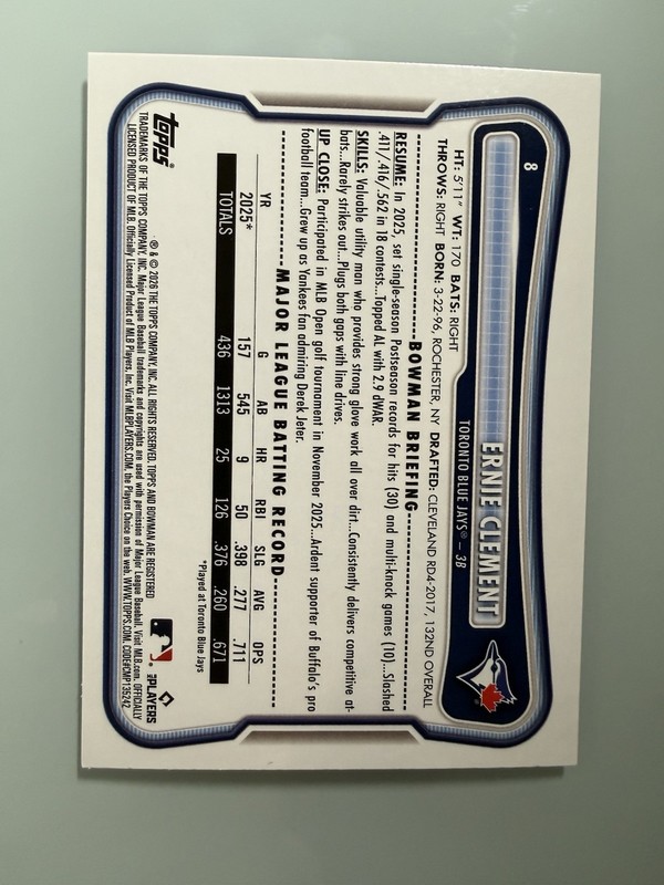 Bowman Chrome 2026 Bowman Ernie Clement Serial Numbered Purple /250 Blue Jays #8 view 2