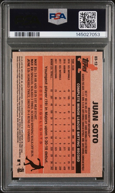 2018 Topps Update 1983 Topps Blue RC Juan Soto PSA 9 view 2