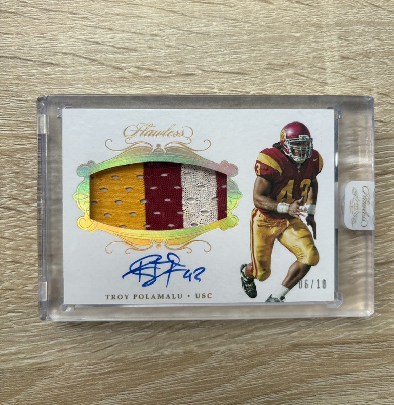 2018 Panini Flawless Collegiate TROY POLAMALU Patch Auto /10 Game USED Nasty RPA