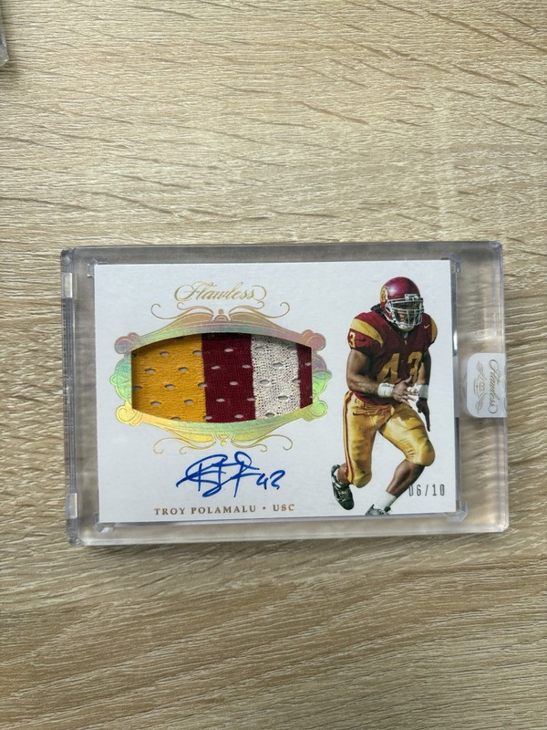 2018 Panini Flawless Collegiate TROY POLAMALU Patch Auto /10 Game USED Nasty RPA view 2