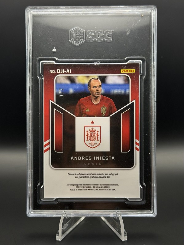 2022-23 Panini Obsidian Dual Jersey Auto Andres Iniesta 1/2 SGC 9/10 Player Worn view 2