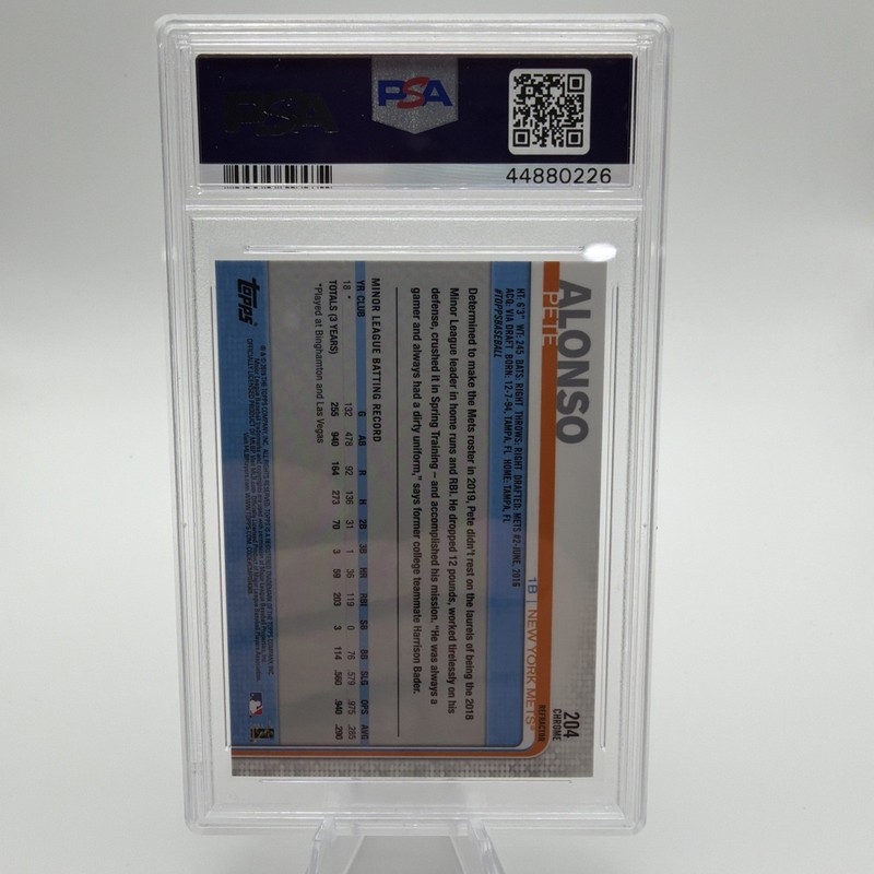 2019 Topps Chrome Pete Alonso RC Pink Refractor Rookie #204 Mets PSA 10 view 2