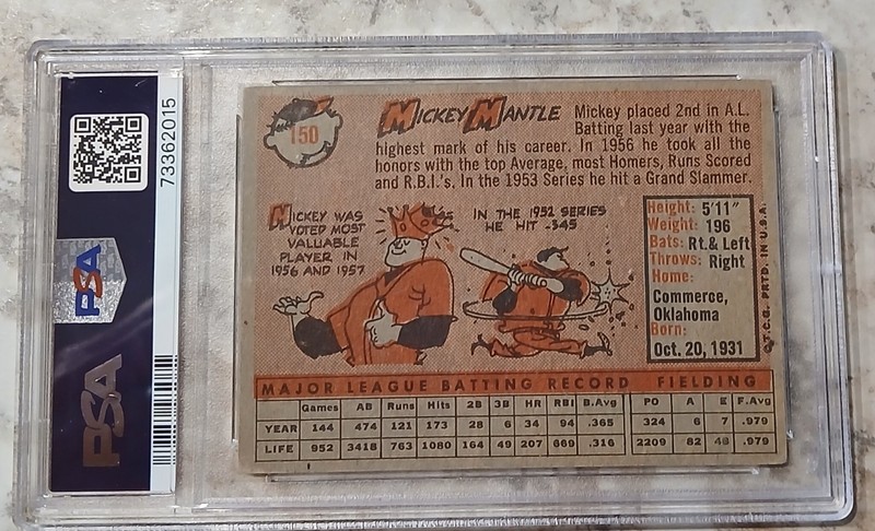 Baseball 1958 Topps Yankees Mickey Mantle #150 PSA 4 (VG-EX)  NICE card! view 2