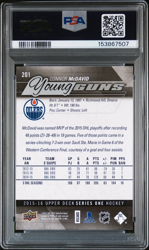 2015-16 Upper Deck Series One Connor McDavid Young Guns RC Rookie #201 PSA 9 view 2