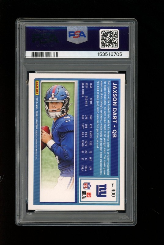 2025 Panini Donruss #400 Jaxson Dart Rated Rookie RC New York Giants PSA 10 view 2