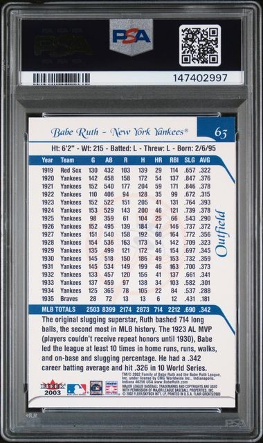 BABE RUTH 2003 Flair Greats #63 PSA 10 GEM MT HOF view 2