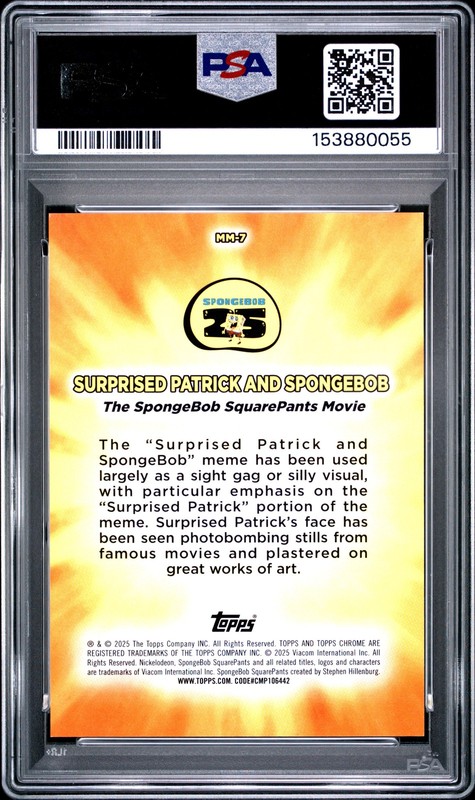 2025 Topps Chrome SpongeBob #MM-7 Surprised Masterful Memes Black /10 PSA 8 view 2