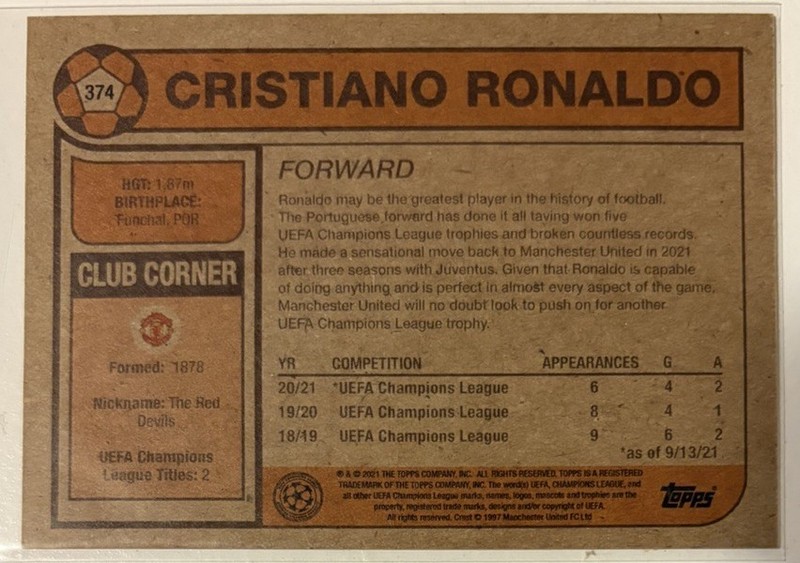 2021 Topps UCL Living Set Cristiano Ronaldo #374 Manchester United Portugal SP view 2