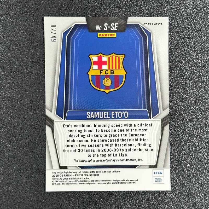 2025-26 Panini Prizm FIFA Soccer Samuel Eto'o Auto Silver 02/49#Z view 2