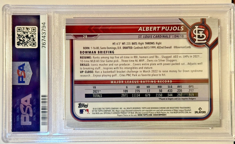 2022 Bowman Chrome 28 Albert Pujols PSA Gem Mint 10 St. Louis Cardinals view 2
