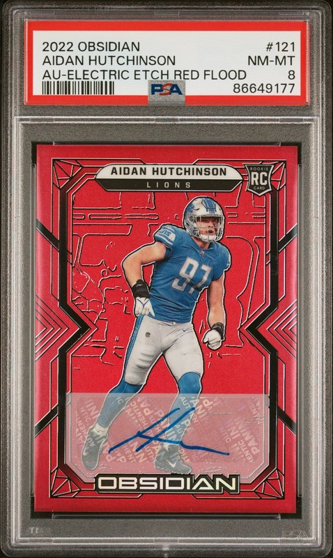 2022 Obsidian #121 Aidan Hutchinson Rookie Auto Electric Etch Red Flood /6 PSA 8