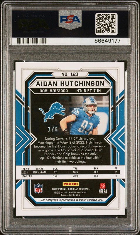 2022 Obsidian #121 Aidan Hutchinson Rookie Auto Electric Etch Red Flood /6 PSA 8 view 2