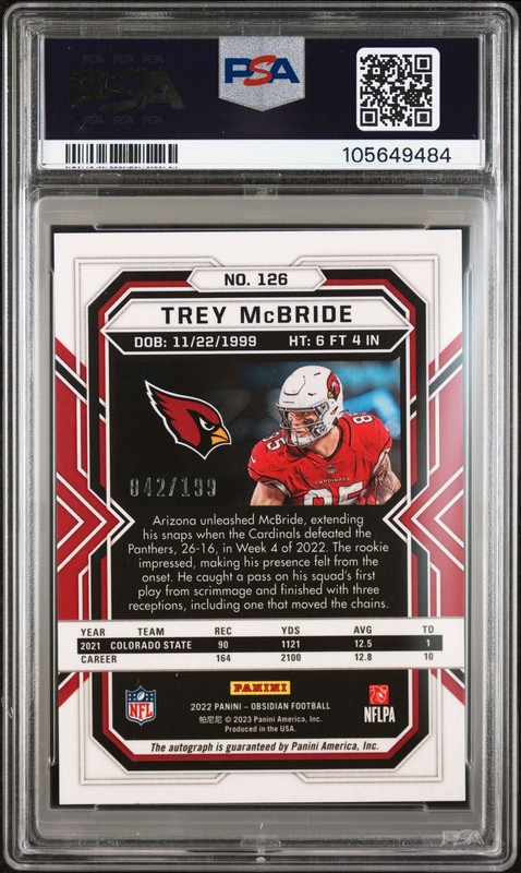2022 Panini Obsidian #126 Trey McBride Rookie Auto /199 PSA 9 view 2