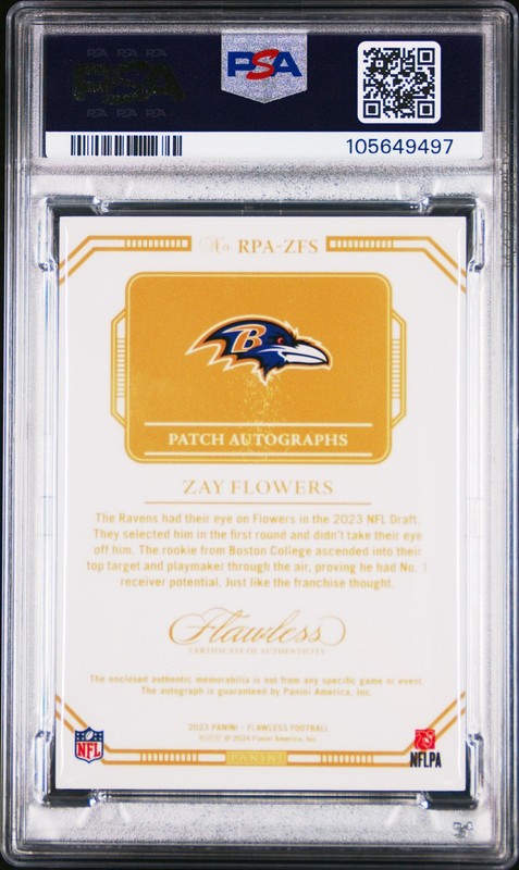 2023 Flawless #RPA-ZFS Zay Flowers Rookie Patch Autographs Silver /20 PSA 8 view 2