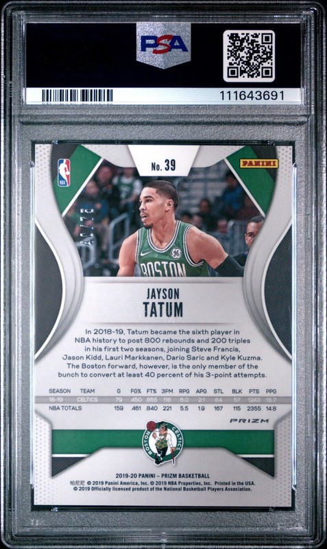 2019-20 Panini Prizm #39 Jayson Tatum Prizms Fast Break Purple PSA 10 #/75 view 2