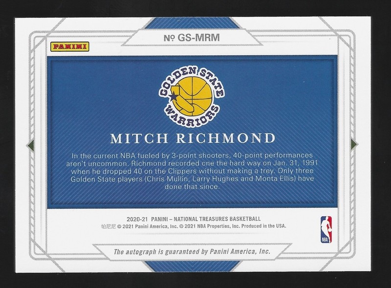 2020-21 Panini National Treasures Mitch Richmond NBA Greats Auto 07/99 Warriors view 2