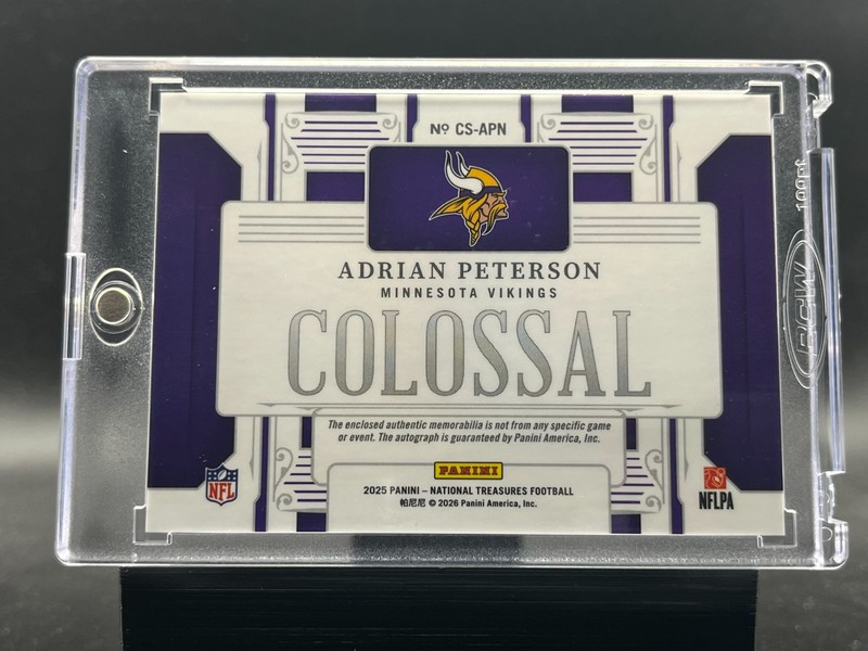2025 Panini National Treasures Adrian Peterson CS-APN Colossal Patch Auto 38/49 view 2