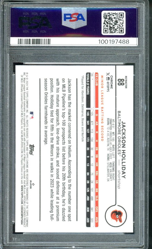 2024 TOPPS CHROME JACKSON HOLLIDAY RC REFRACTOR PSA 10 view 2