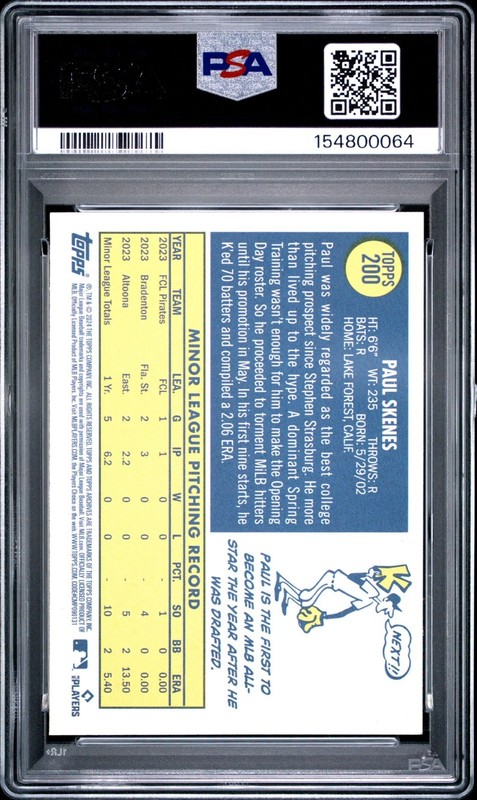 2024 Topps Archives - Paul Skenes 1970 Topps RC #200 PSA 10 Pirates view 2