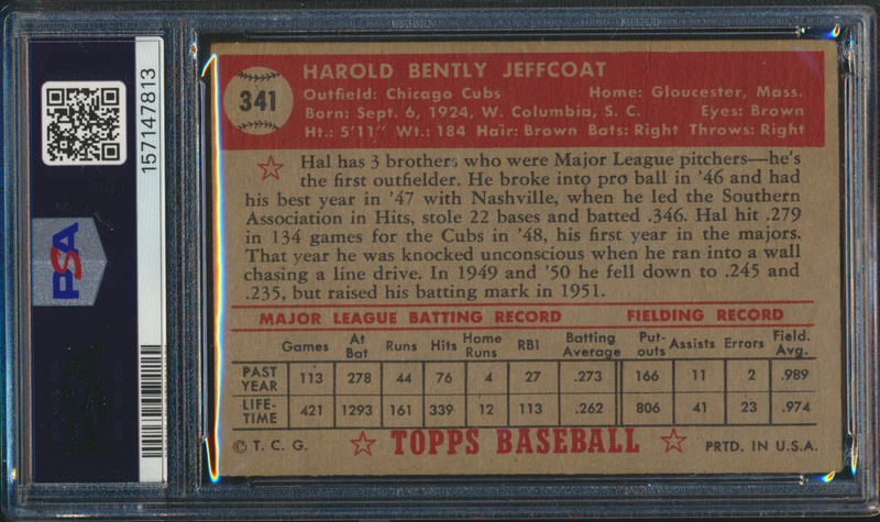 1952 TOPPS BASEBALL #341 HAL JEFFCOAT PSA 2 GOOD HIGH NUMBER view 2