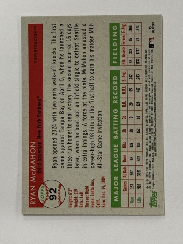 Ryan McMahon 1/1 Superfractor 2025 Topps Chrome Platinum #92 Yankees view 2