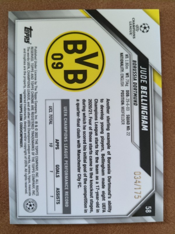 Jude Bellingham Pink Mini-Diamond /175 Rookie Cup 2021-22 Topps Chrome UCL BVB view 2