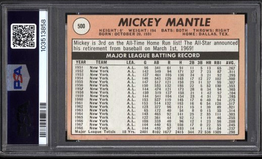 1969 Topps - Mickey Mantle #500 Last Name in Yellow PSA 1.5 HOF DEAD CENTERED view 2