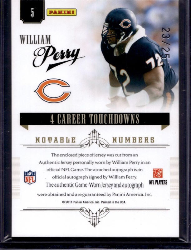 2010 Playoff National Treasures William Perry Notable Numbers Auto /25 Bears 5 view 2