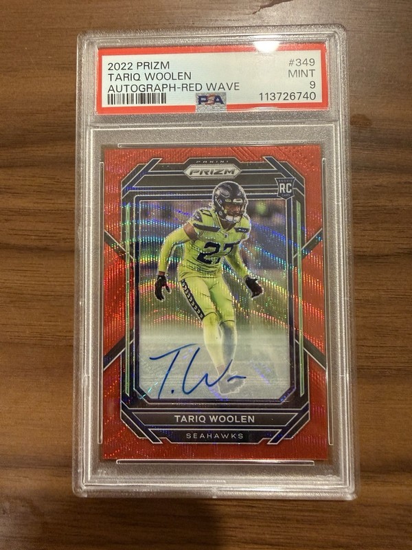 2022 Panini Prizm Rookies Tariq Woolen #349 Red Wave Prizm Autographs /149 PSA 9