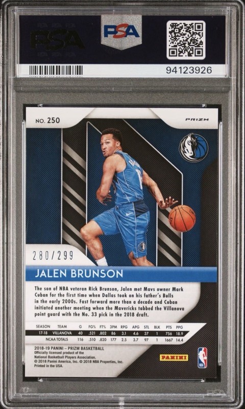 2018 Panini Prizm Jalen Brunson Red /299 (RC) #250 Rare PSA 9 Knicks FINALS MVP view 2