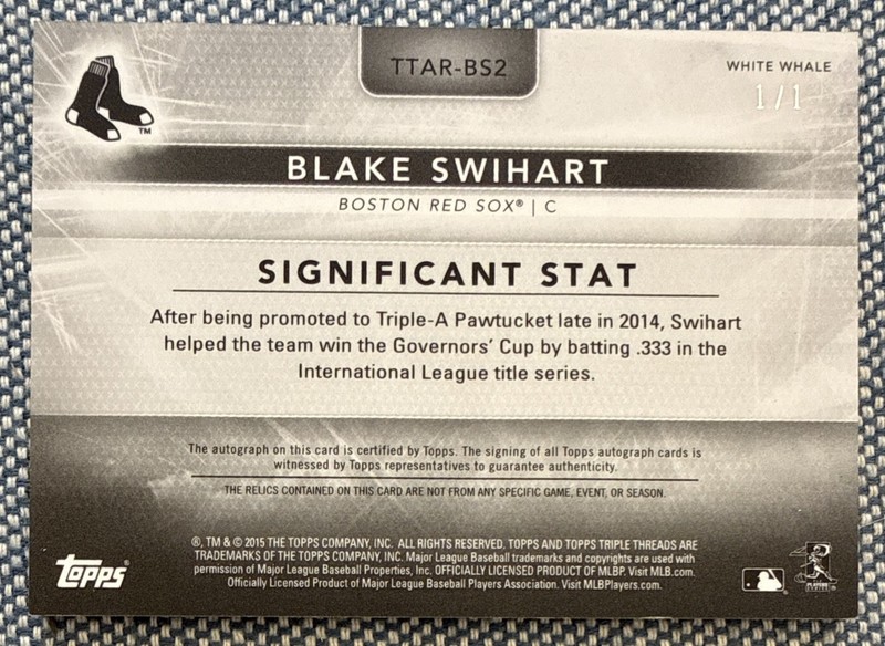 Blake SWIHART🔥2015 Topps Triple Threads White Whale Patch AUTO #TTAR-BS2 1/1 view 2