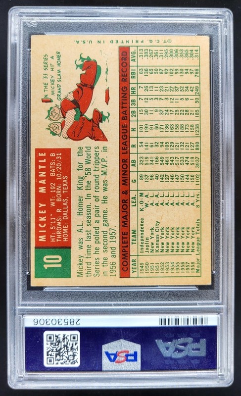 1959 Topps Mickey Mantle #10 PSA 5 New York Yankees MS2 view 2