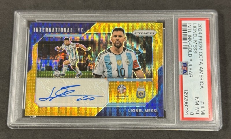 LIONEL MESSI 2024 Prizm Copa International Ink Auto Gold Pulsar 9/10 PSA 8