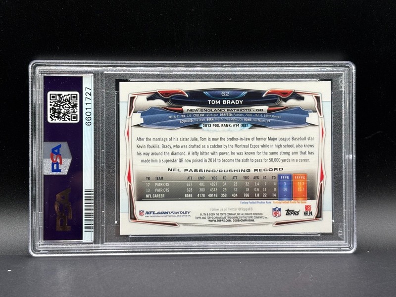 2014 TOPPS CHROME BLUE JERSEY-PURPLE REFRACTOR #62 TOM BRADY PSA 10 view 2