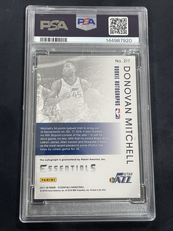 Donovan MITCHELL 2017 Panini Essentials 15/99 AUTO PSA 9 MT Rookie Autograph RC view 2